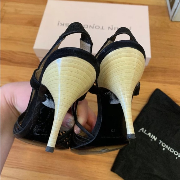 ALAIN TONDOWSKI [vintage kitten heel black suede satin heels] - Picture 5 of 8